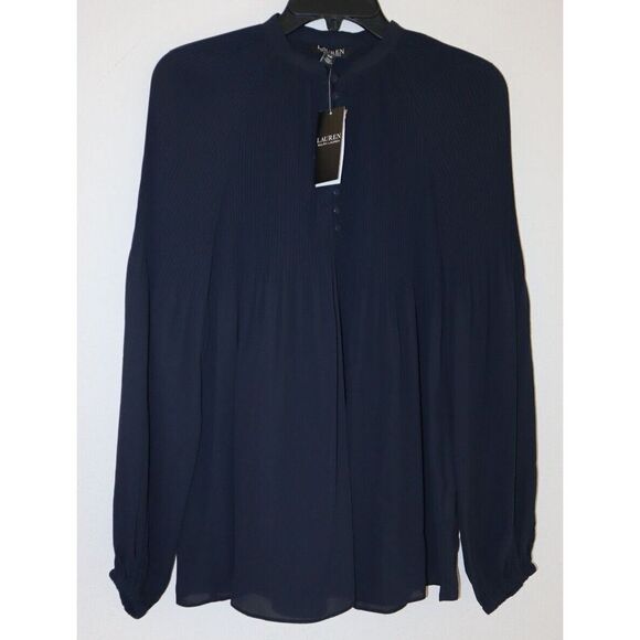 Lauren Ralph Lauren Women's Sz Small Navy Blue Pleated Georgette L/S Blouse $135 - Picture 1 of 5